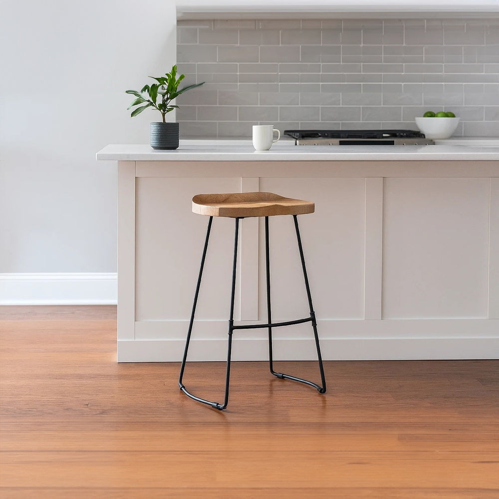 Tiva 30 Inch Handcrafted Backless Barstool, Natural Brown Mango Wood Saddle Seat, Black Metal BaseBy The Urban Port