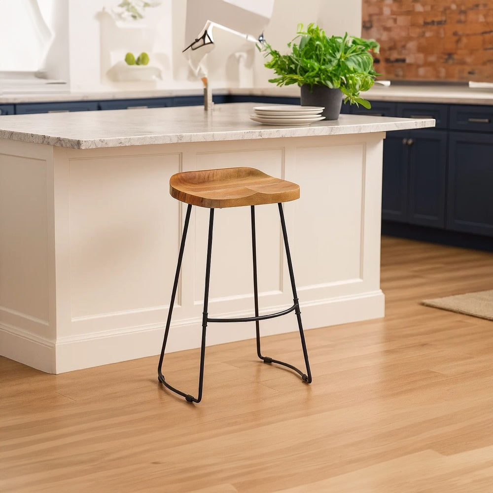 Tiva 30 Inch Handcrafted Backless Barstool, Natural Brown Mango Wood Saddle Seat, Black Metal BaseBy The Urban Port