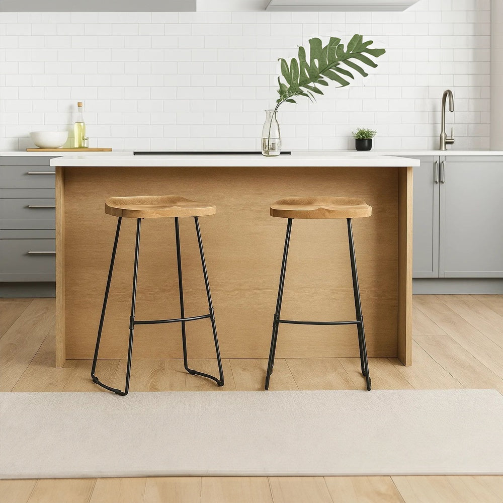Tiva 30 Inch Handcrafted Backless Barstool, Natural Brown Mango Wood Saddle Seat, Black Metal BaseBy The Urban Port