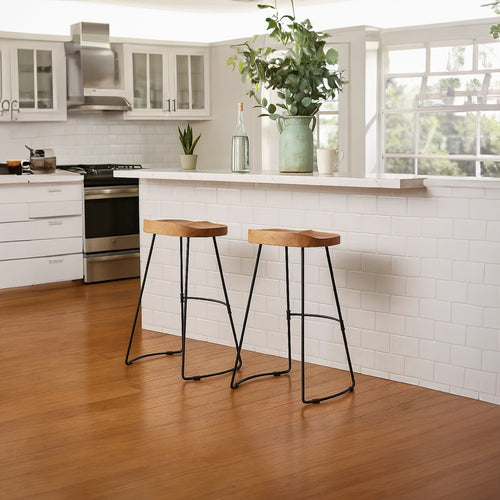 Tiva 30 Inch Handcrafted Backless Barstool, Natural Brown Mango Wood Saddle Seat, Black Metal BaseBy The Urban Port