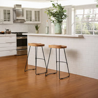 Tiva 30 Inch Handcrafted Backless Barstool, Natural Brown Mango Wood Saddle Seat, Black Metal BaseBy The Urban Port