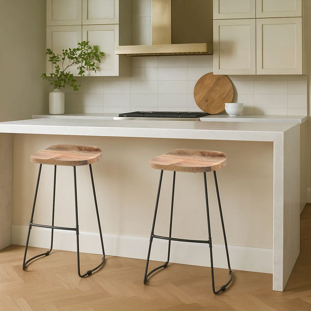Tiva 30 Inch Handcrafted Backless Barstool, Natural Brown Mango Wood Saddle Seat, Black Metal BaseBy The Urban Port