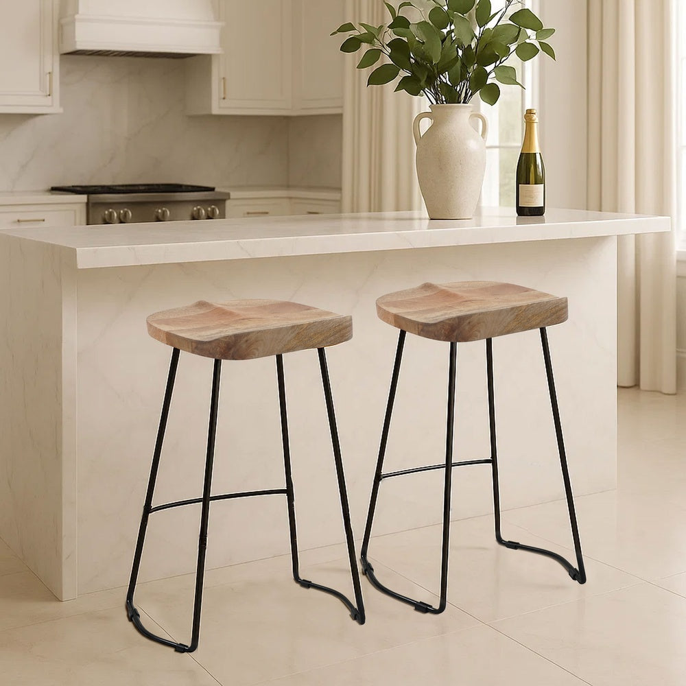 Tiva 30 Inch Handcrafted Backless Barstool, Natural Brown Mango Wood Saddle Seat, Black Metal BaseBy The Urban Port