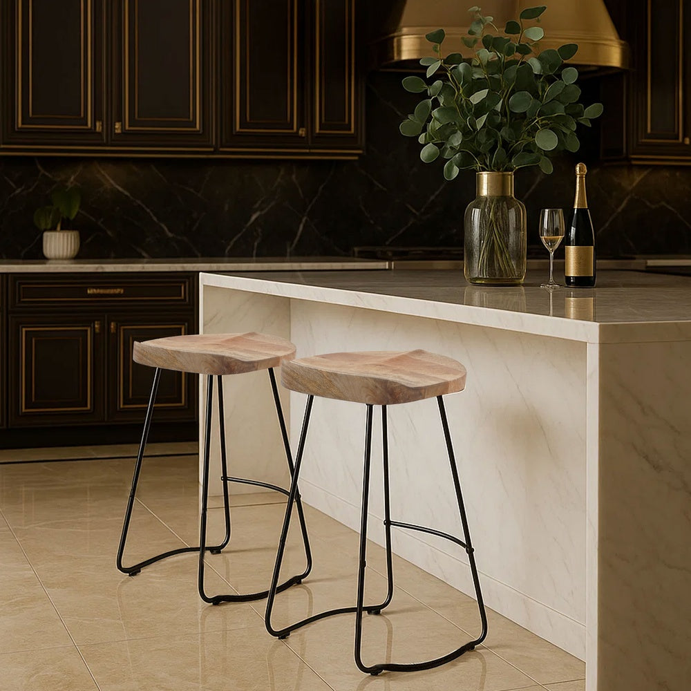 Tiva 30 Inch Handcrafted Backless Barstool, Natural Brown Mango Wood Saddle Seat, Black Metal BaseBy The Urban Port