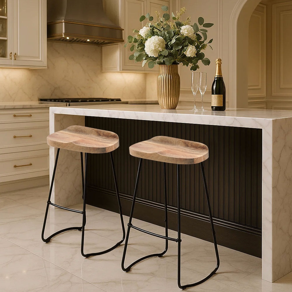 Tiva 30 Inch Handcrafted Backless Barstool, Natural Brown Mango Wood Saddle Seat, Black Metal BaseBy The Urban Port