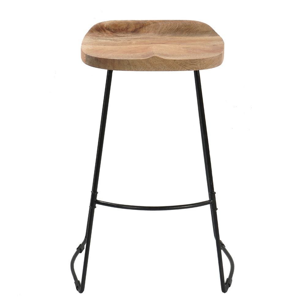 Tiva 30 Inch Handcrafted Backless Barstool, Natural Brown Mango Wood Saddle Seat, Black Metal BaseBy The Urban Port