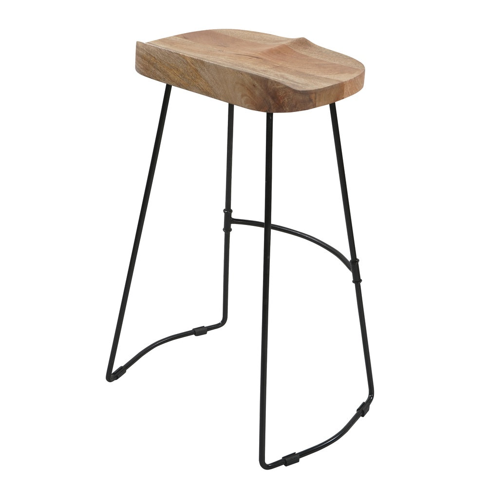 Tiva 30 Inch Handcrafted Backless Barstool, Natural Brown Mango Wood Saddle Seat, Black Metal BaseBy The Urban Port
