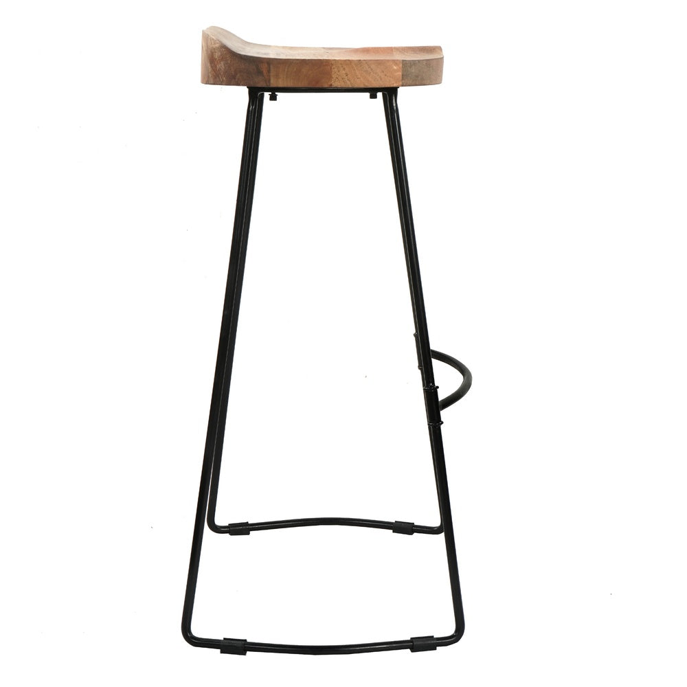 Tiva 30 Inch Handcrafted Backless Barstool, Natural Brown Mango Wood Saddle Seat, Black Metal BaseBy The Urban Port
