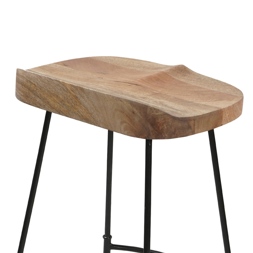 Tiva 30 Inch Handcrafted Backless Barstool, Natural Brown Mango Wood Saddle Seat, Black Metal BaseBy The Urban Port