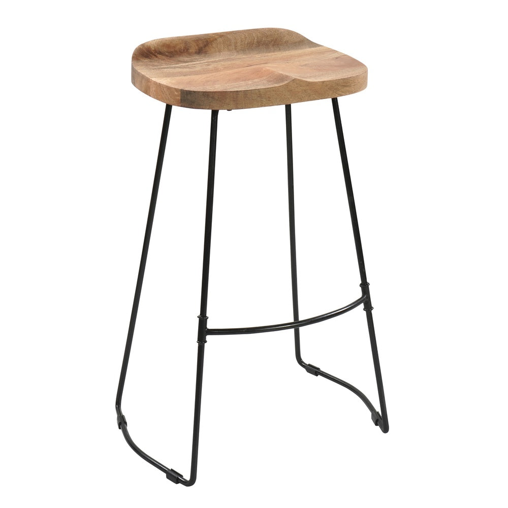 Tiva 30 Inch Handcrafted Backless Barstool, Natural Brown Mango Wood Saddle Seat, Black Metal BaseBy The Urban Port