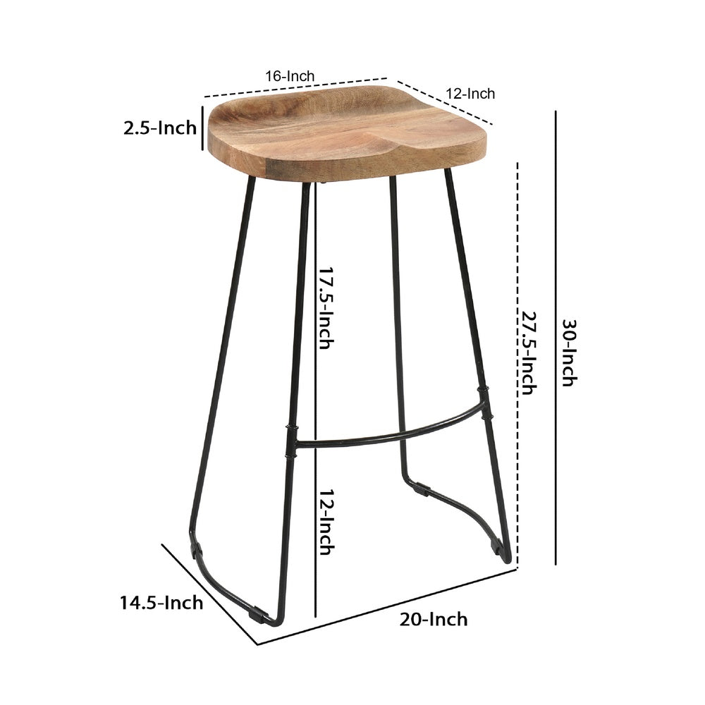 Tiva 30 Inch Handcrafted Backless Barstool, Natural Brown Mango Wood Saddle Seat, Black Metal BaseBy The Urban Port