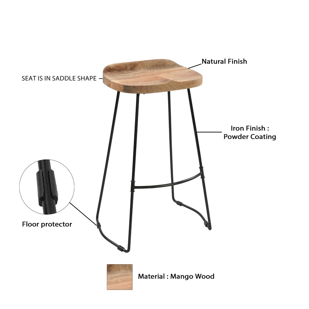 Tiva 30 Inch Handcrafted Backless Barstool, Natural Brown Mango Wood Saddle Seat, Black Metal BaseBy The Urban Port