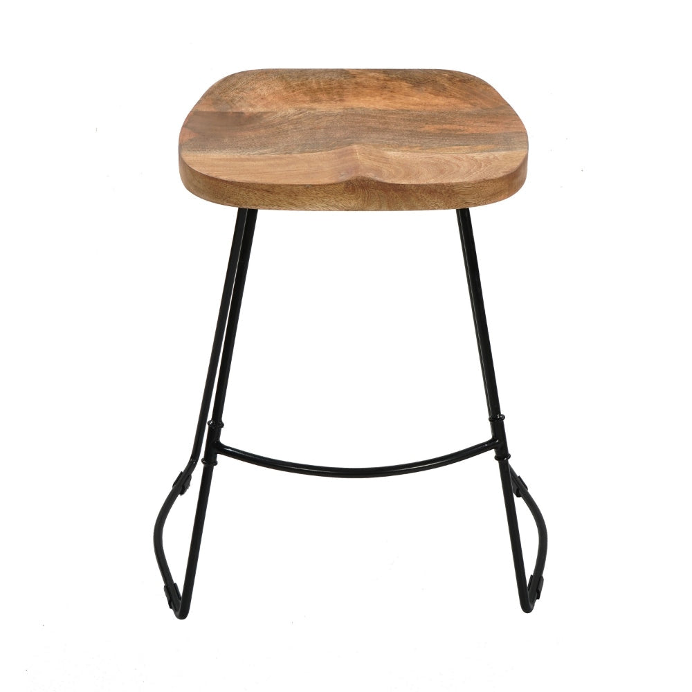 Tiva 24 Inch Handcrafted Backless Counter Height Stool Brown Mango Wood Saddle Seat Black Metal Base By The Urban Port UPT-294096