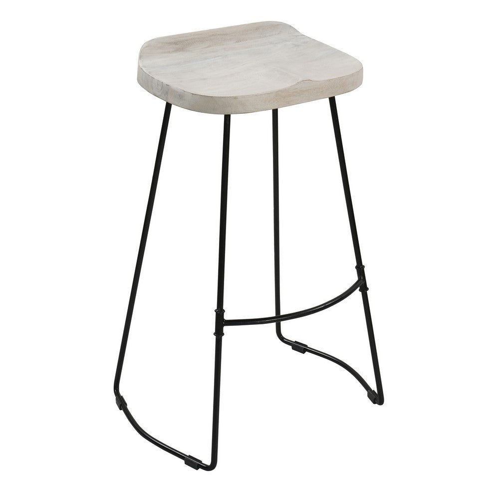 Tiva 30 Inch Handcrafted Backless Barstool Whitewashed Mango Wood Saddle Seat Black Metal Base By The Urban Port UPT-294097