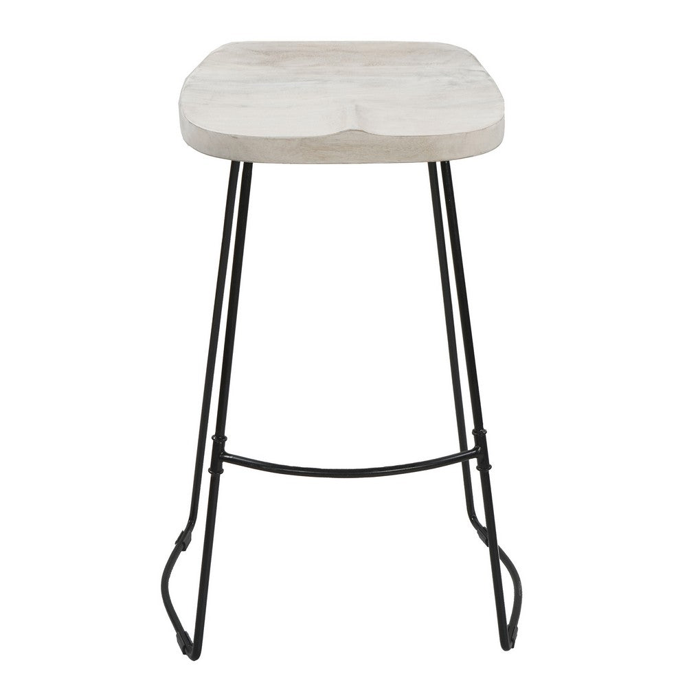 Tiva 30 Inch Handcrafted Backless Barstool Whitewashed Mango Wood Saddle Seat Black Metal Base By The Urban Port UPT-294097