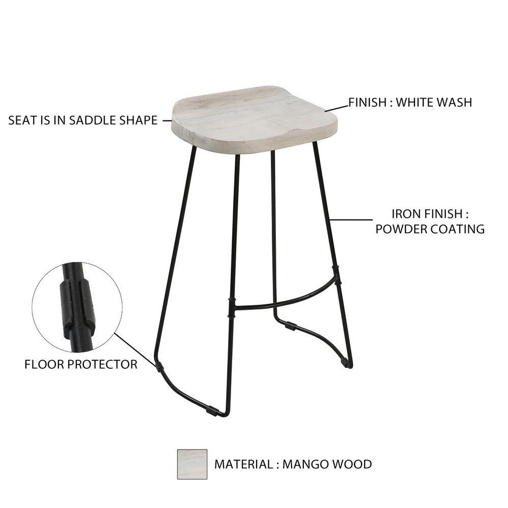 Tiva 30 Inch Handcrafted Backless Barstool Whitewashed Mango Wood Saddle Seat Black Metal Base By The Urban Port UPT-294097