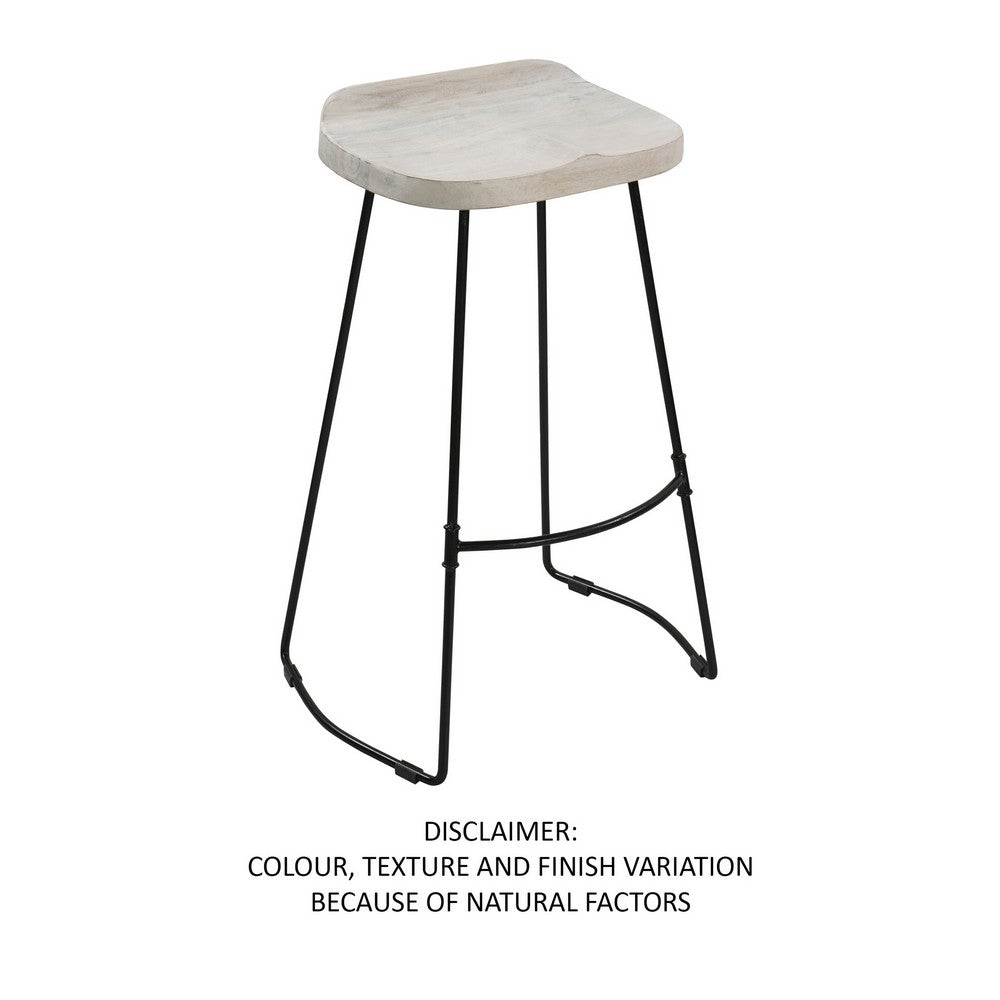 Tiva 30 Inch Handcrafted Backless Barstool Whitewashed Mango Wood Saddle Seat Black Metal Base By The Urban Port UPT-294097