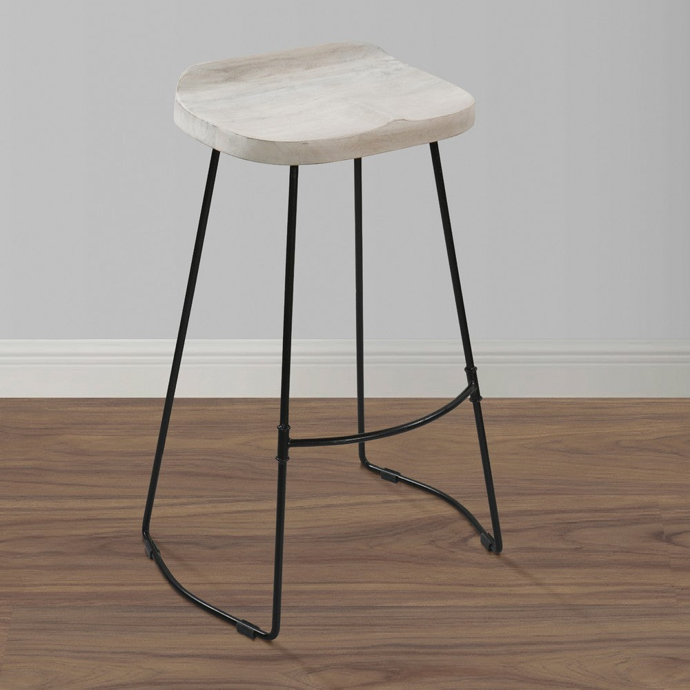 Tiva 30 Inch Handcrafted Backless Barstool Whitewashed Mango Wood Saddle Seat Black Metal Base By The Urban Port UPT-294097