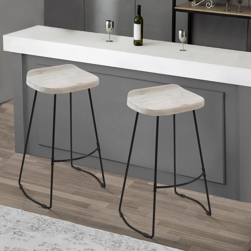 Tiva 30 Inch Handcrafted Backless Barstool, Whitewashed Mango Wood Saddle Seat, Black Metal Base By The Urban Port