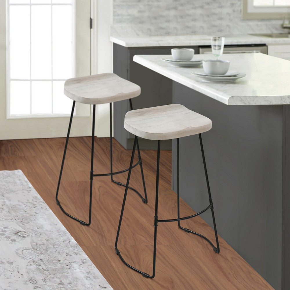Tiva 30 Inch Handcrafted Backless Barstool Whitewashed Mango Wood Saddle Seat Black Metal Base By The Urban Port UPT-294097