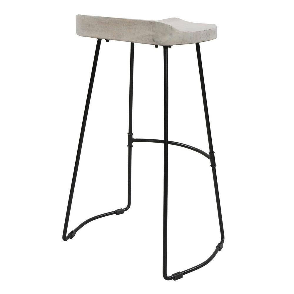 Tiva 30 Inch Handcrafted Backless Barstool Whitewashed Mango Wood Saddle Seat Black Metal Base By The Urban Port UPT-294097