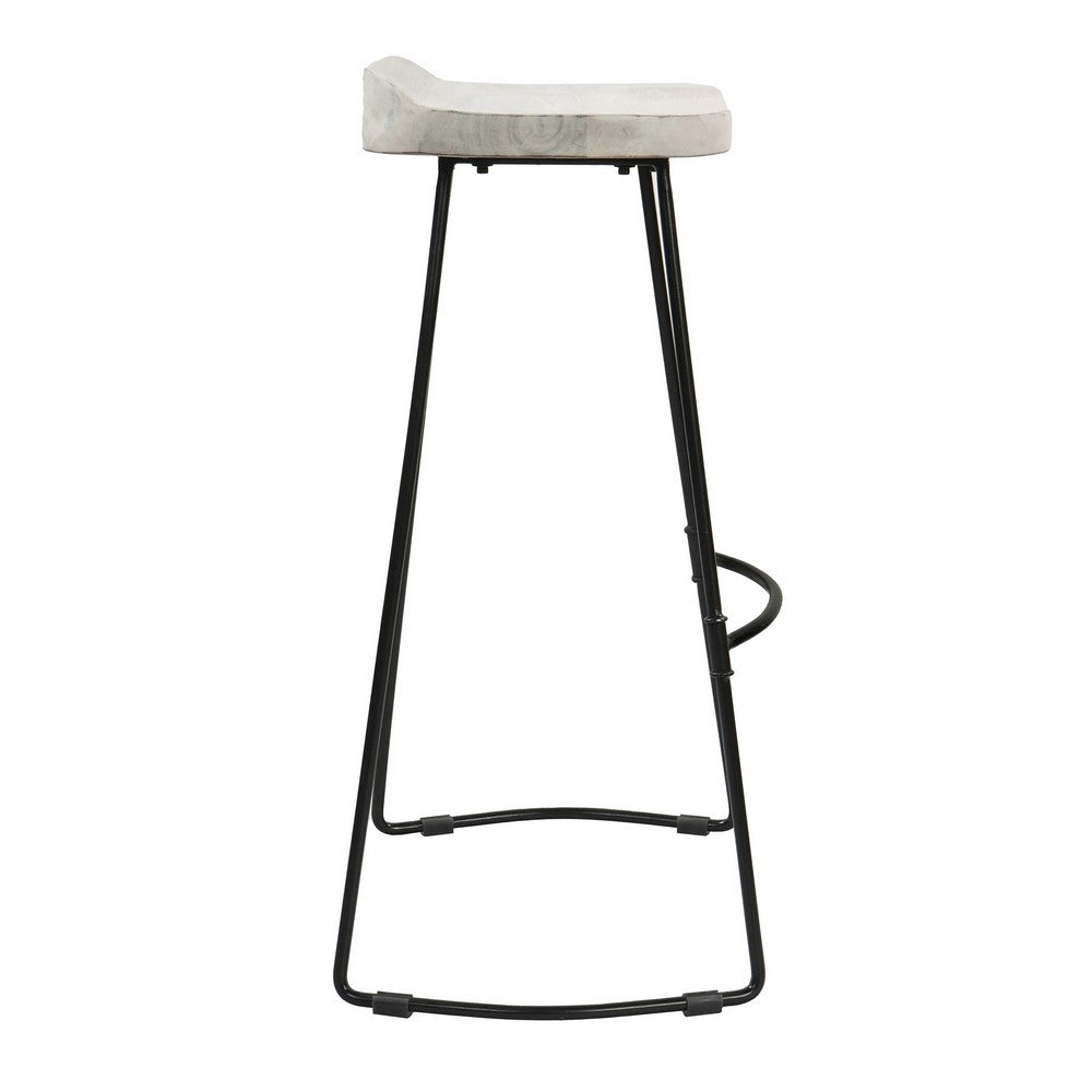 Tiva 30 Inch Handcrafted Backless Barstool Whitewashed Mango Wood Saddle Seat Black Metal Base By The Urban Port UPT-294097