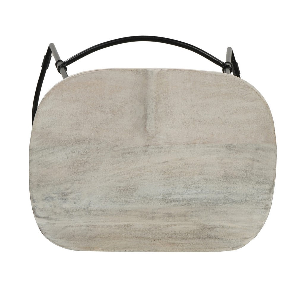 Tiva 30 Inch Handcrafted Backless Barstool Whitewashed Mango Wood Saddle Seat Black Metal Base By The Urban Port UPT-294097