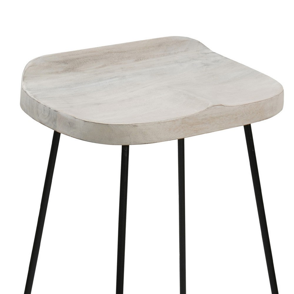 Tiva 30 Inch Handcrafted Backless Barstool Whitewashed Mango Wood Saddle Seat Black Metal Base By The Urban Port UPT-294097