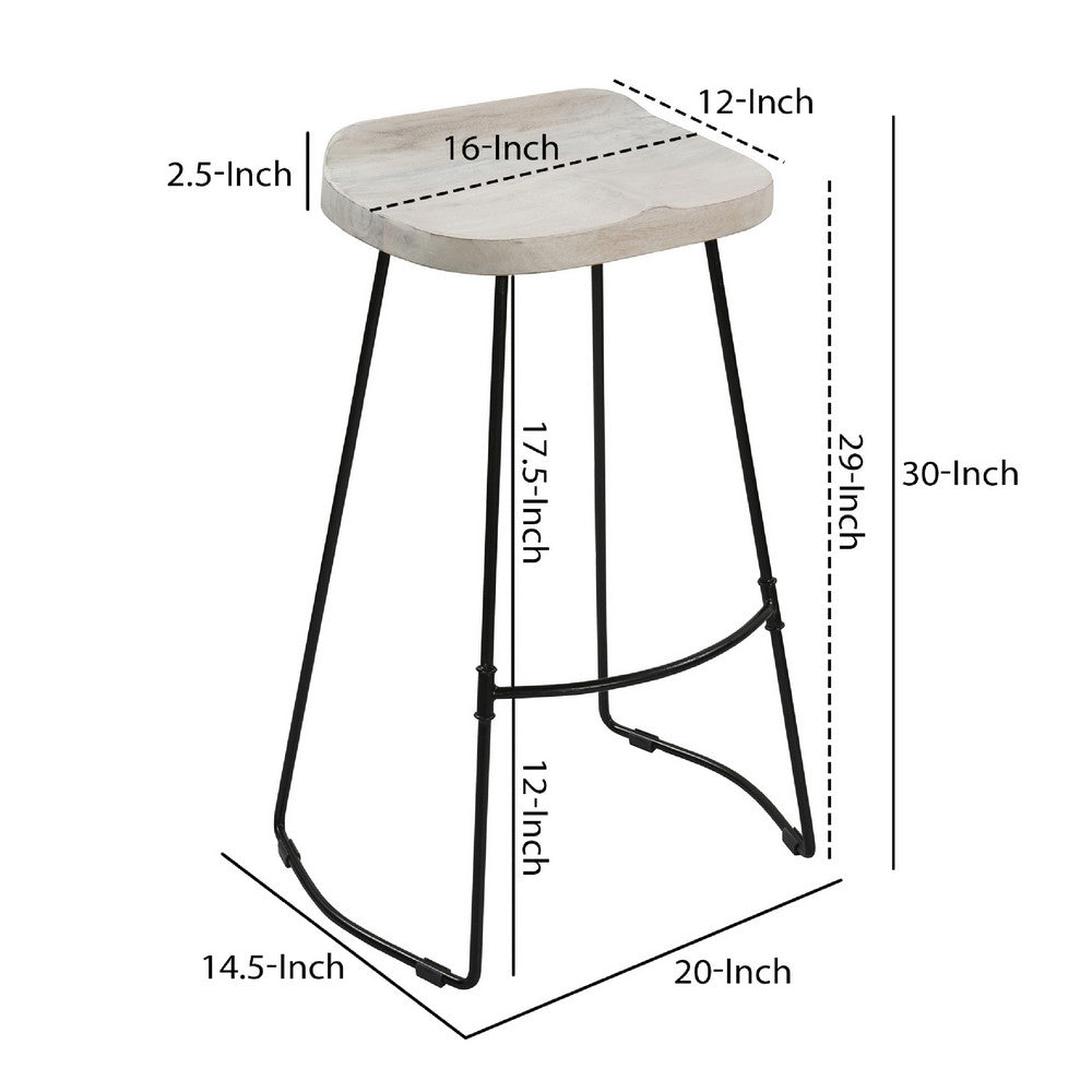 Tiva 30 Inch Handcrafted Backless Barstool Whitewashed Mango Wood Saddle Seat Black Metal Base By The Urban Port UPT-294097
