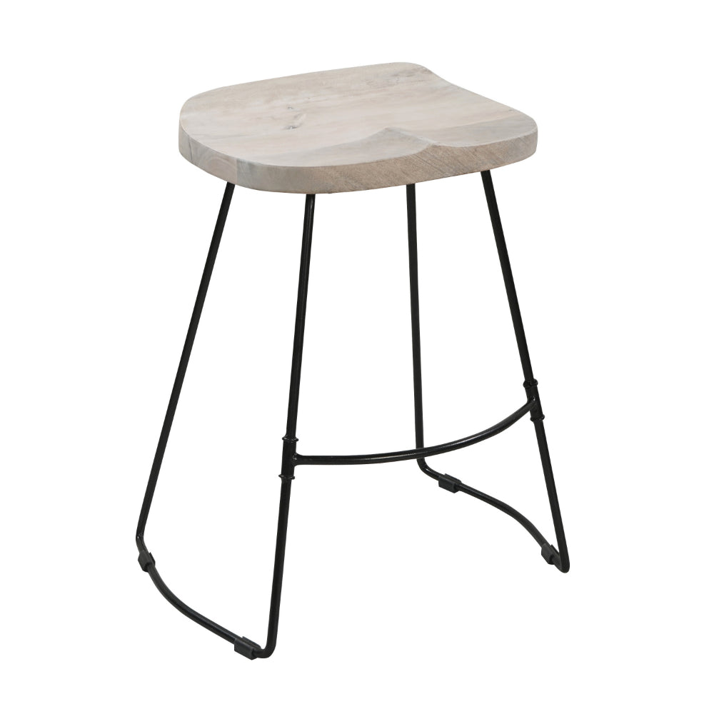 Tiva 24 Inch Handcrafted Backless Counter Height Stool, Whitewashed Mango Wood Saddle Seat, Black Metal BaseBy The Urban Port
