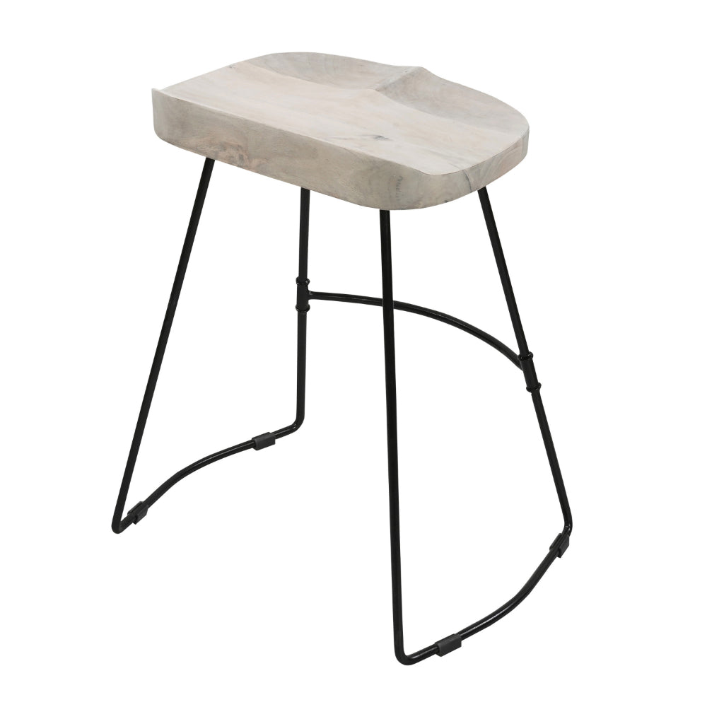 Tiva 24 Inch Handcrafted Backless Counter Height Stool, Whitewashed Mango Wood Saddle Seat, Black Metal BaseBy The Urban Port