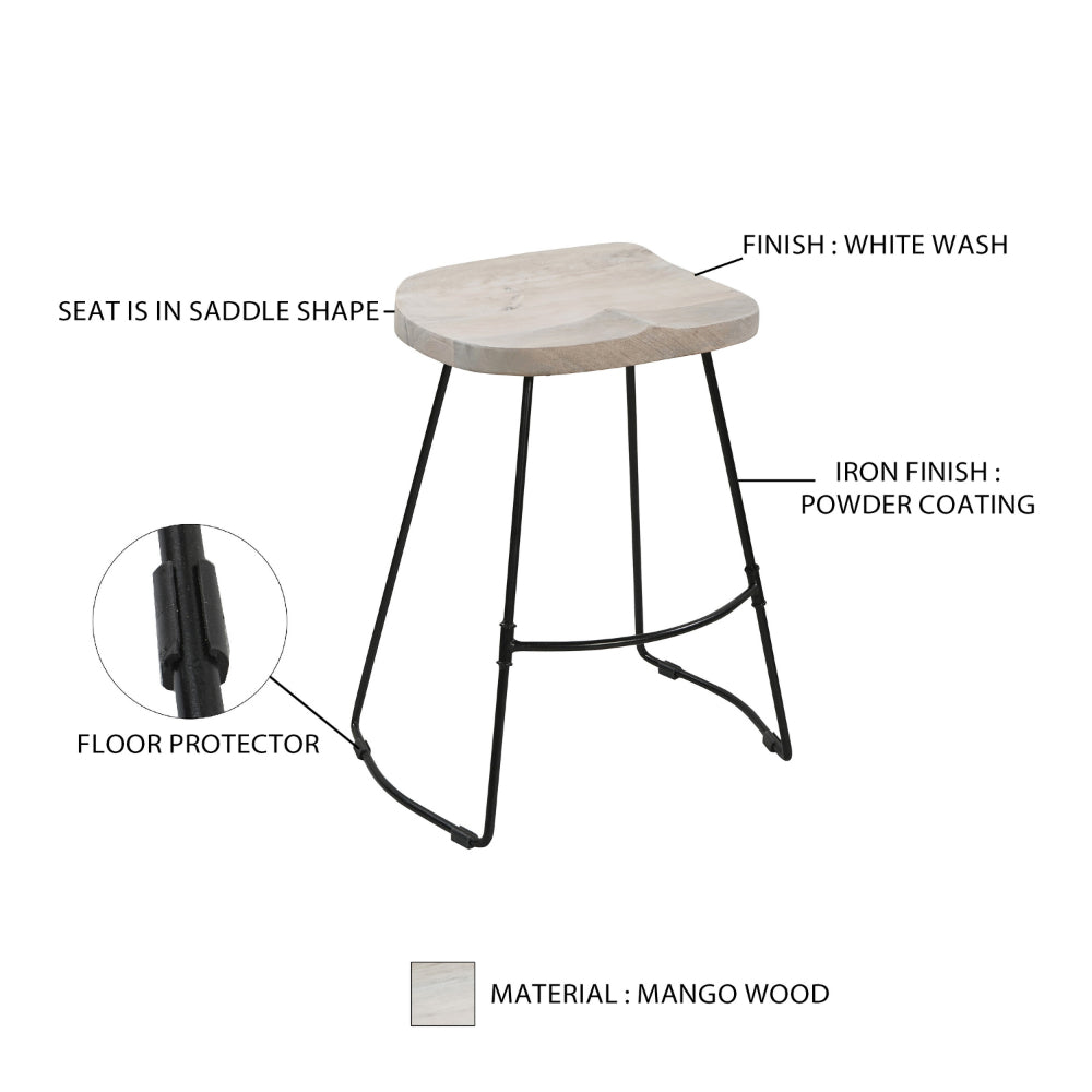 Tiva 24 Inch Handcrafted Backless Counter Height Stool, Whitewashed Mango Wood Saddle Seat, Black Metal BaseBy The Urban Port