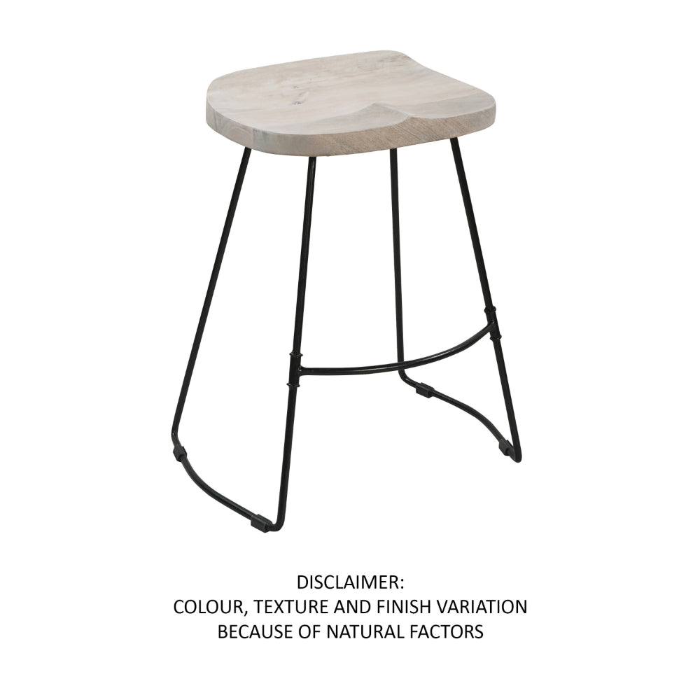 Tiva 24 Inch Handcrafted Backless Counter Height Stool, Whitewashed Mango Wood Saddle Seat, Black Metal BaseBy The Urban Port