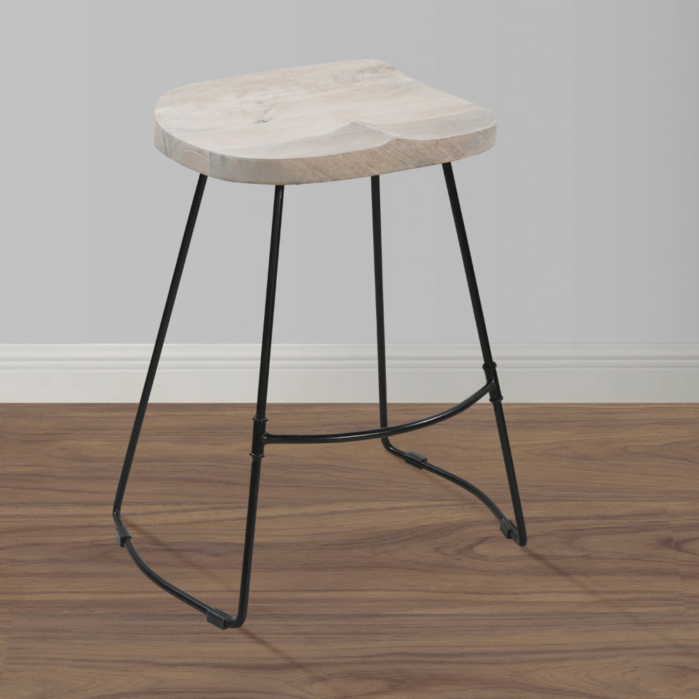Tiva 24 Inch Handcrafted Backless Counter Height Stool, Whitewashed Mango Wood Saddle Seat, Black Metal BaseBy The Urban Port