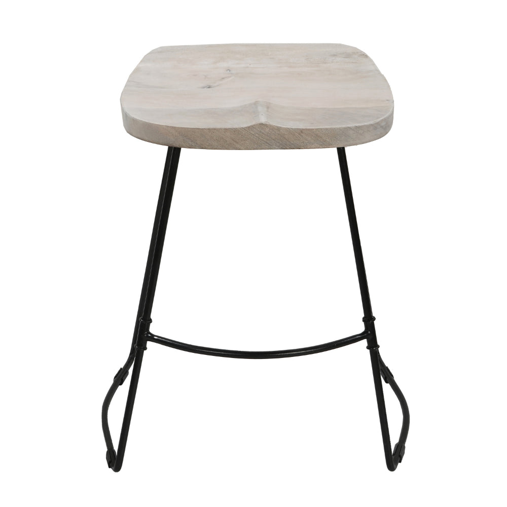 Tiva 24 Inch Handcrafted Backless Counter Height Stool, Whitewashed Mango Wood Saddle Seat, Black Metal BaseBy The Urban Port