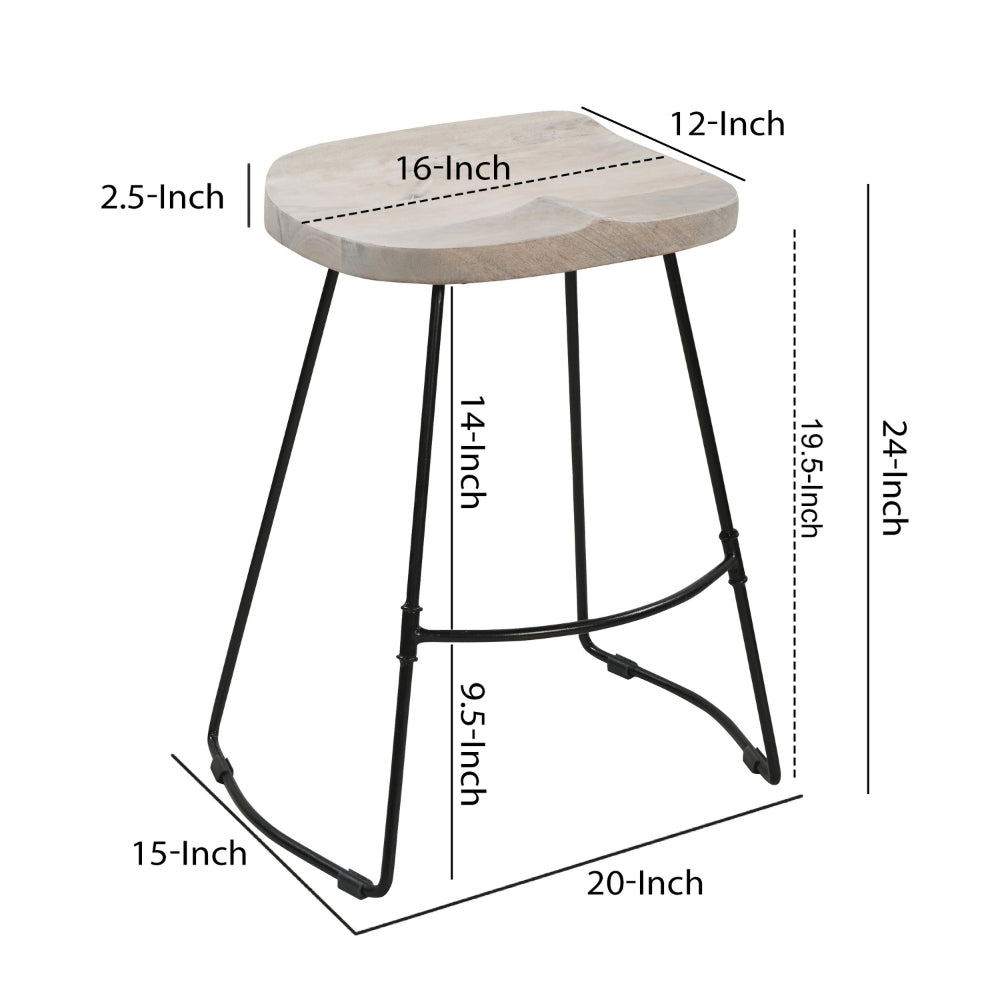 Tiva 24 Inch Handcrafted Backless Counter Height Stool, Whitewashed Mango Wood Saddle Seat, Black Metal BaseBy The Urban Port