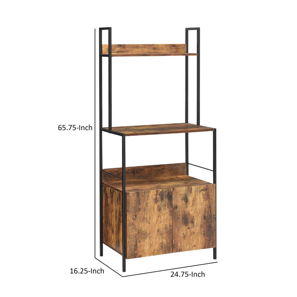 66 Inch Industrial Style 3 Tier Kitchen Baker Rack with Storage Cabinet Rustic Brown Black Metal Frame By The Urban Port UPT-294325