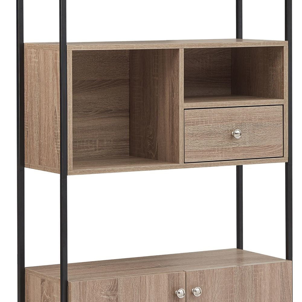66 Inch 3 Tier Etagere Bookcase with Open Compartment Cabinet Black Metal Frame Light Natural Brown By The Urban Port UPT-294328