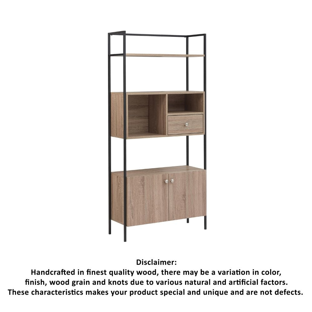 66 Inch 3 Tier Etagere Bookcase with Open Compartment Cabinet Black Metal Frame Light Natural Brown By The Urban Port UPT-294328