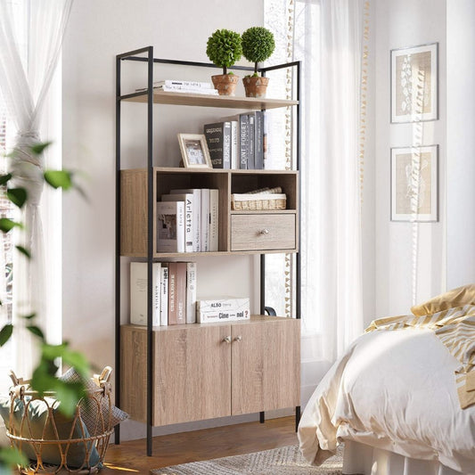 66 Inch 3 Tier Etagere Bookcase with Open Compartment, Cabinet, Black Metal Frame, Light Natural Brown By The Urban Port