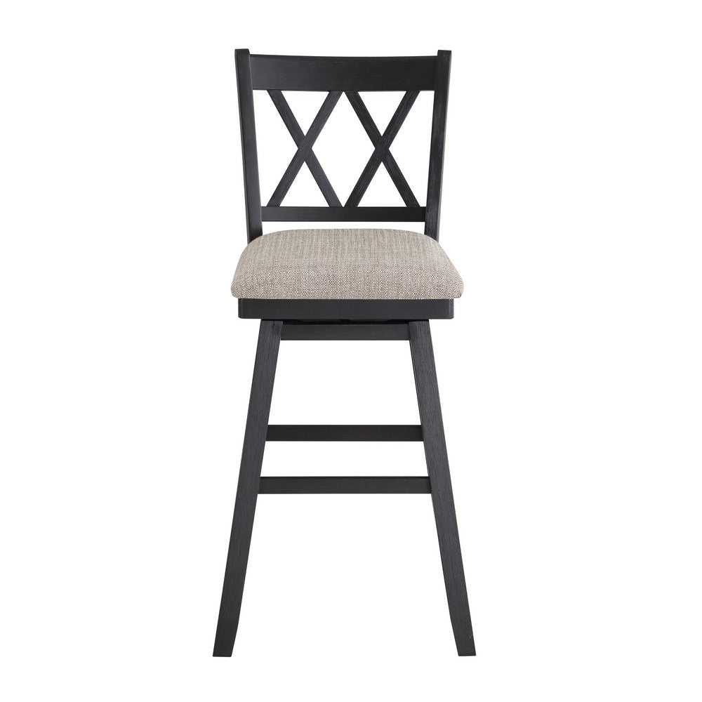 Jasmine 29 Inch Handcrafted Rustic 360 Degree Swivel Barstool Chair Crossed Black Wood Frame Gray Seat Cushion By The Urban Port UPT-295408