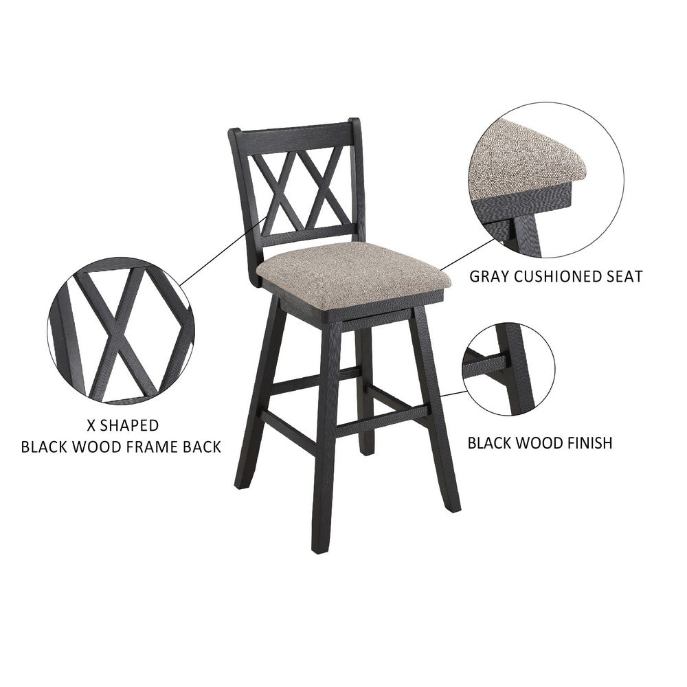 Jasmine 29 Inch Handcrafted Rustic 360 Degree Swivel Barstool Chair Crossed Black Wood Frame Gray Seat Cushion By The Urban Port UPT-295408