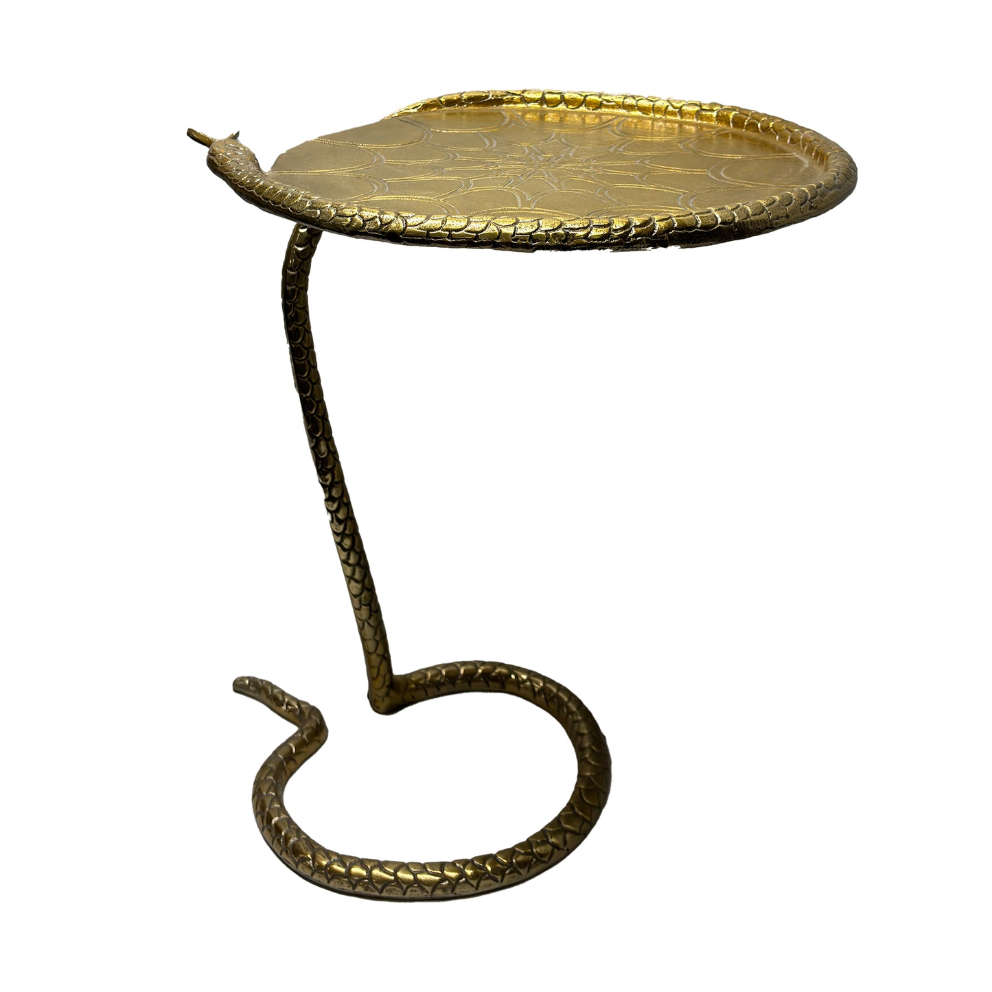 22 Inch Side End Table, Handcrafted Textured Snake Skin Pattern Base, Brass Aluminum The Urban Port