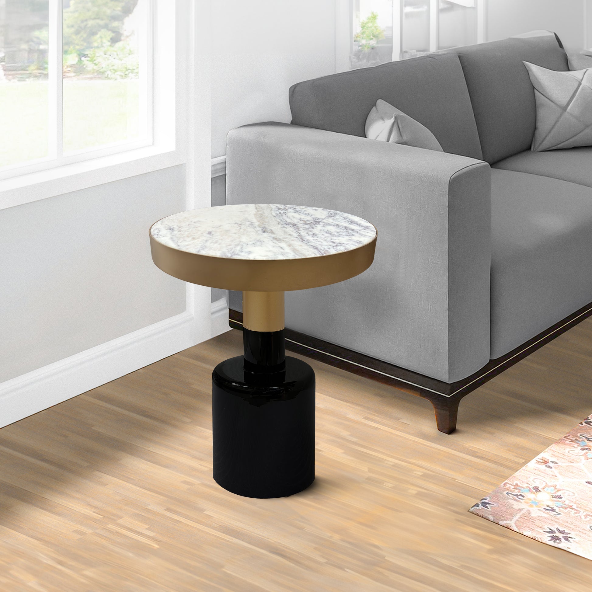20 Inch Round Side End Table, Gold Banded Natural White Marble Top, Black Enamel Coated Iron Pedestal Base The Urban Port