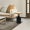 20 Inch Round Side End Table, Gold Banded Natural White Marble Top, Black Enamel Coated Iron Pedestal Base The Urban Port