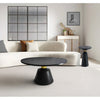 Fawn 32 Inch Coffee Table, Black Mango Wood Round Top, Modern Tapered Pedestal Base, Shiny Brass Support The Urban Port