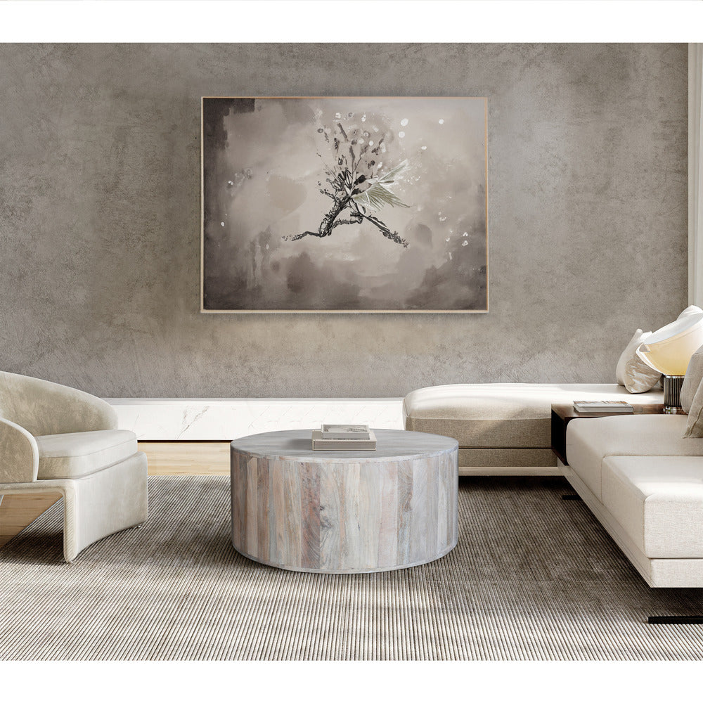 36 Inch Coffee Table Handcrafted Drum Shape Sandblasted Washed White Mango Wood By The Urban Port UPT-296150