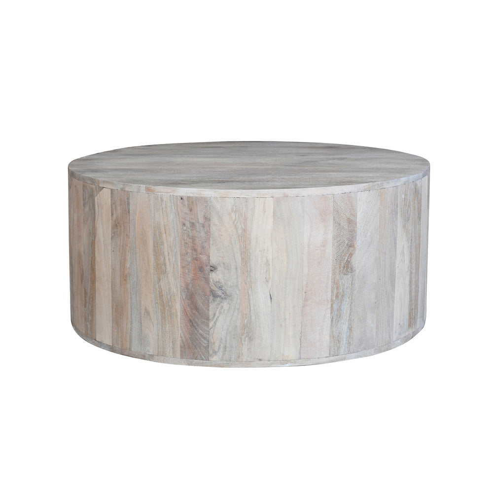 36 Inch Coffee Table Handcrafted Drum Shape Sandblasted Washed White Mango Wood By The Urban Port UPT-296150