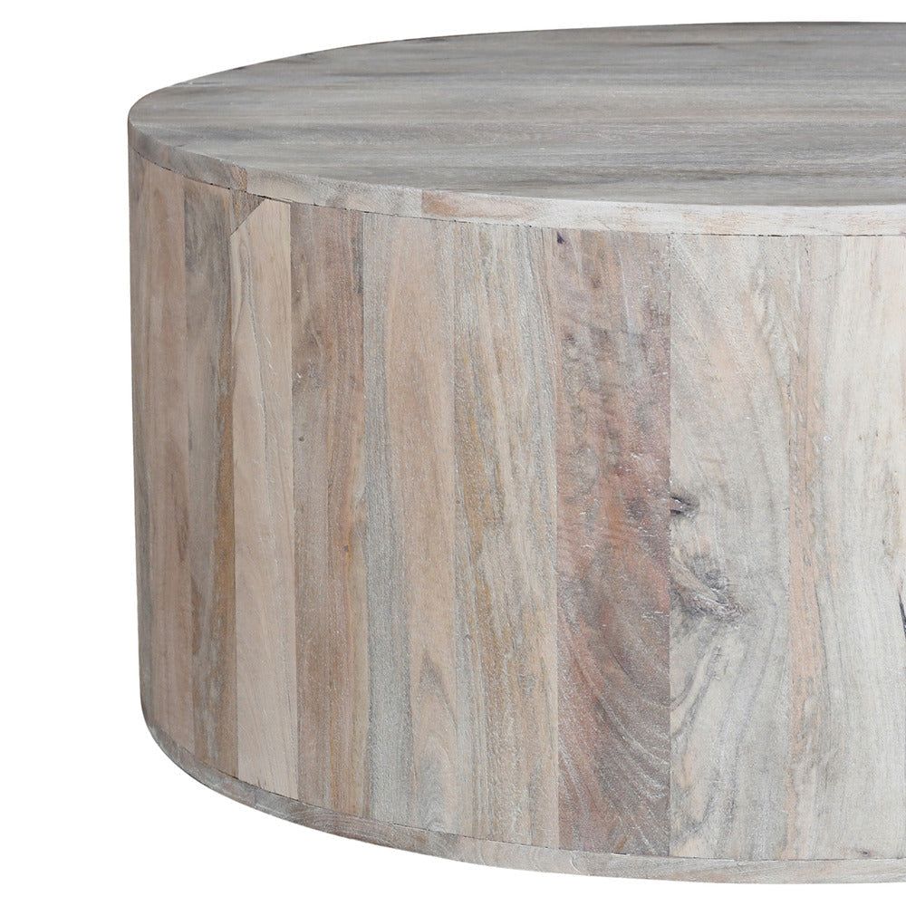 36 Inch Coffee Table Handcrafted Drum Shape Sandblasted Washed White Mango Wood By The Urban Port UPT-296150