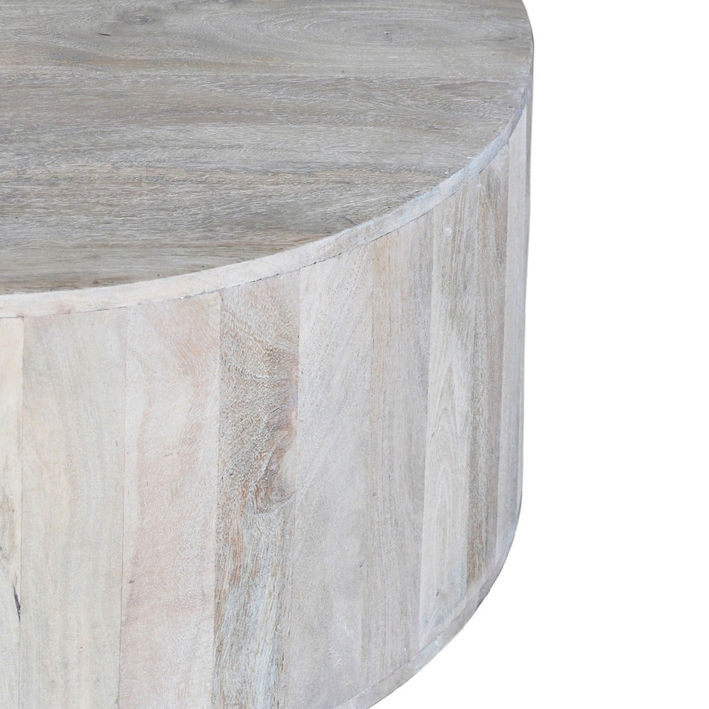 36 Inch Coffee Table Handcrafted Drum Shape Sandblasted Washed White Mango Wood By The Urban Port UPT-296150